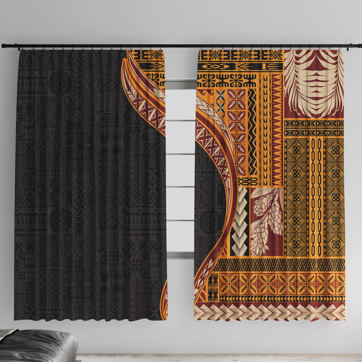 Samoa Siapo Motif and Tapa Pattern Half Style Window Curtain Yellow Color LT03 With Hooks Yellow - Polynesian Pride