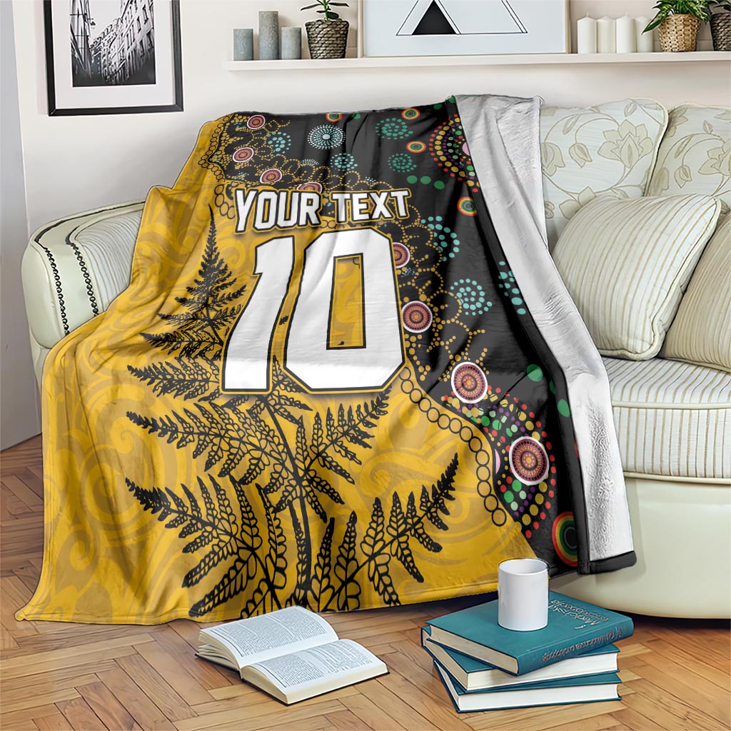 Custom New Zealand and Australia Rugby Blanket Maori Warrior With Aboriginal Version LT03 Black - Polynesian Pride