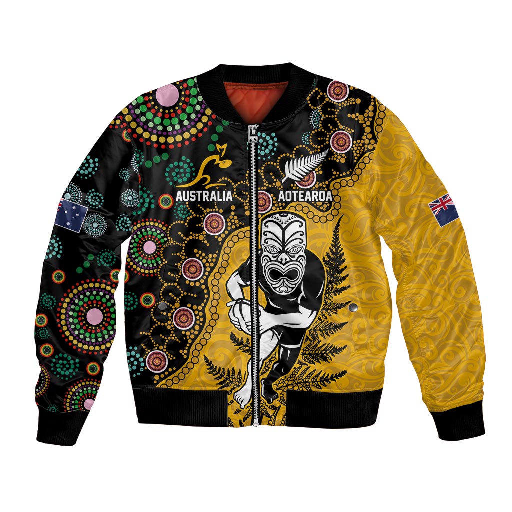 Custom New Zealand and Australia Rugby Bomber Jacket Maori Warrior With Aboriginal Version LT03 Unisex Black - Polynesian Pride