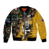 Custom New Zealand and Australia Rugby Bomber Jacket Maori Warrior With Aboriginal Version LT03 Unisex Black - Polynesian Pride
