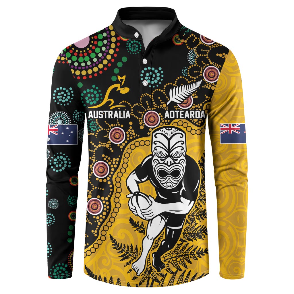 Custom New Zealand and Australia Rugby Button Sweatshirt Maori Warrior With Aboriginal Version LT03 Black - Polynesian Pride