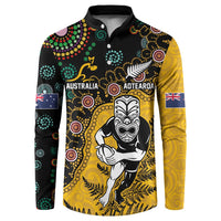 Custom New Zealand and Australia Rugby Button Sweatshirt Maori Warrior With Aboriginal Version LT03 Black - Polynesian Pride