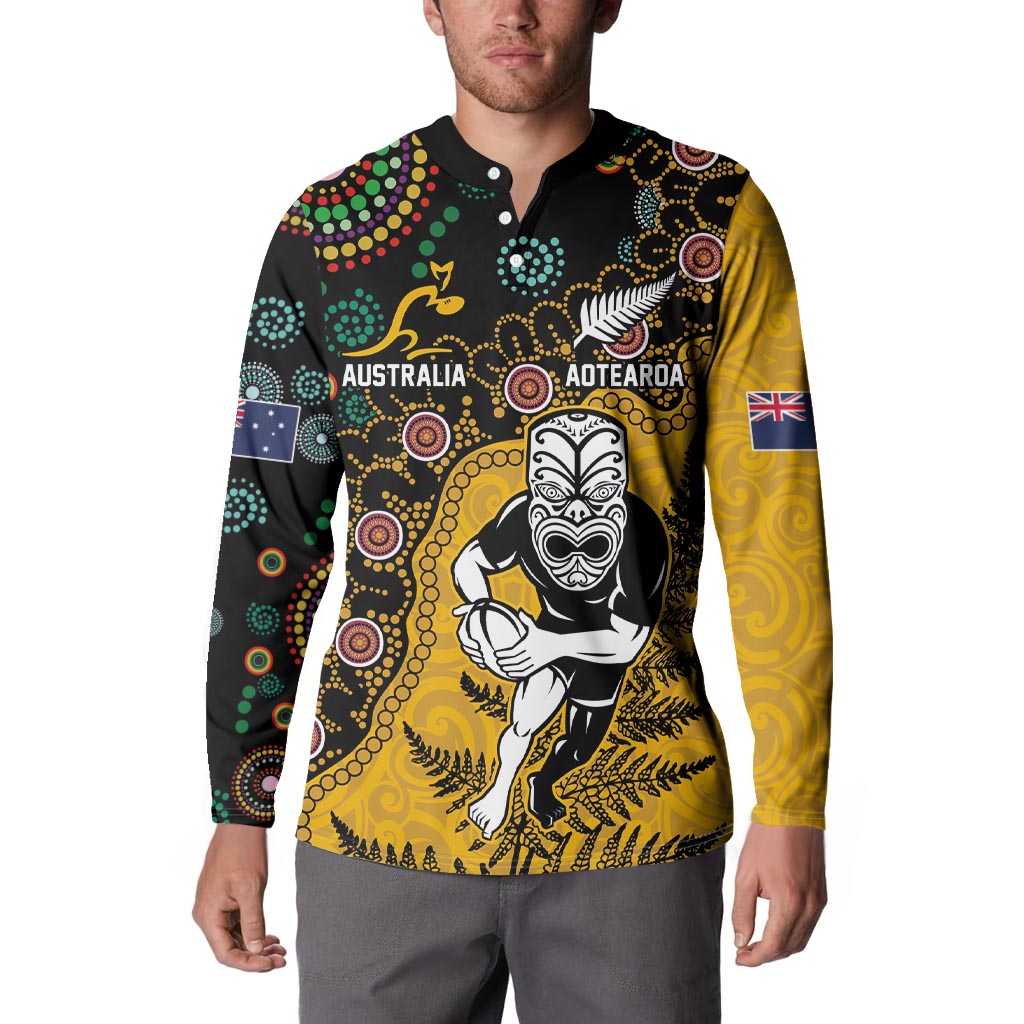 Custom New Zealand and Australia Rugby Button Sweatshirt Maori Warrior With Aboriginal Version LT03 - Polynesian Pride