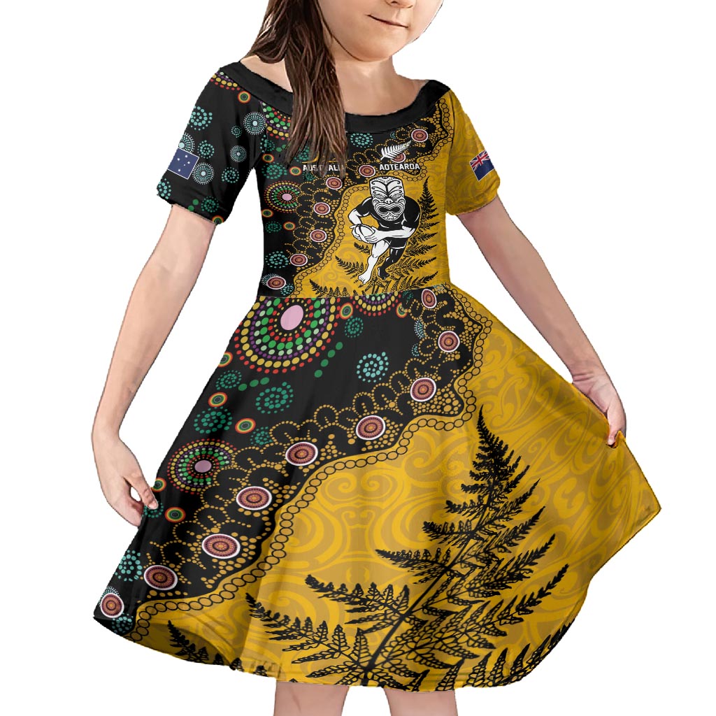 Custom New Zealand and Australia Rugby Kid Short Sleeve Dress Maori Warrior With Aboriginal Version LT03 KID Black - Polynesian Pride