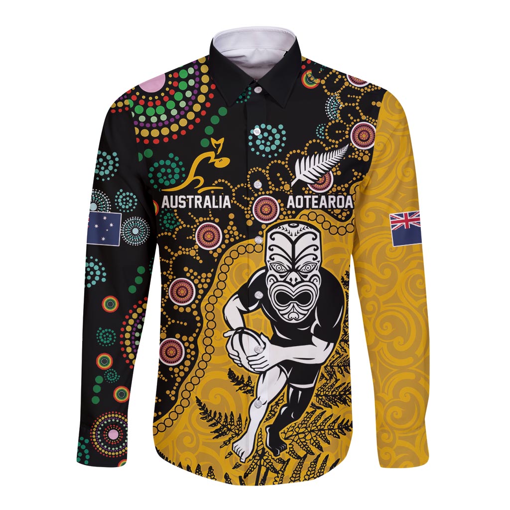 Custom New Zealand and Australia Rugby Long Sleeve Button Shirt Maori Warrior With Aboriginal Version LT03 Unisex Black - Polynesian Pride