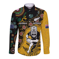 Custom New Zealand and Australia Rugby Long Sleeve Button Shirt Maori Warrior With Aboriginal Version LT03 Unisex Black - Polynesian Pride