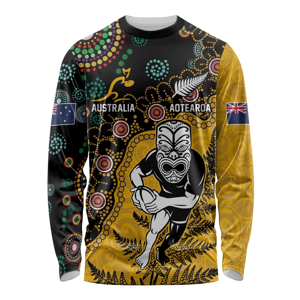 Custom New Zealand and Australia Rugby Long Sleeve Shirt Maori Warrior With Aboriginal Version LT03 Unisex Black - Polynesian Pride