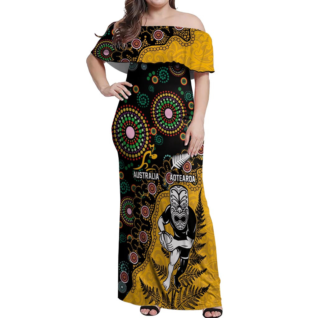 Custom New Zealand and Australia Rugby Off Shoulder Maxi Dress Maori Warrior With Aboriginal Version LT03 Women Black - Polynesian Pride