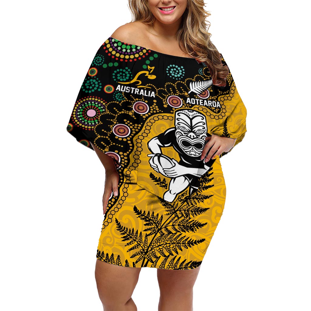 Custom New Zealand and Australia Rugby Off Shoulder Short Dress Maori Warrior With Aboriginal Version LT03 Women Black - Polynesian Pride