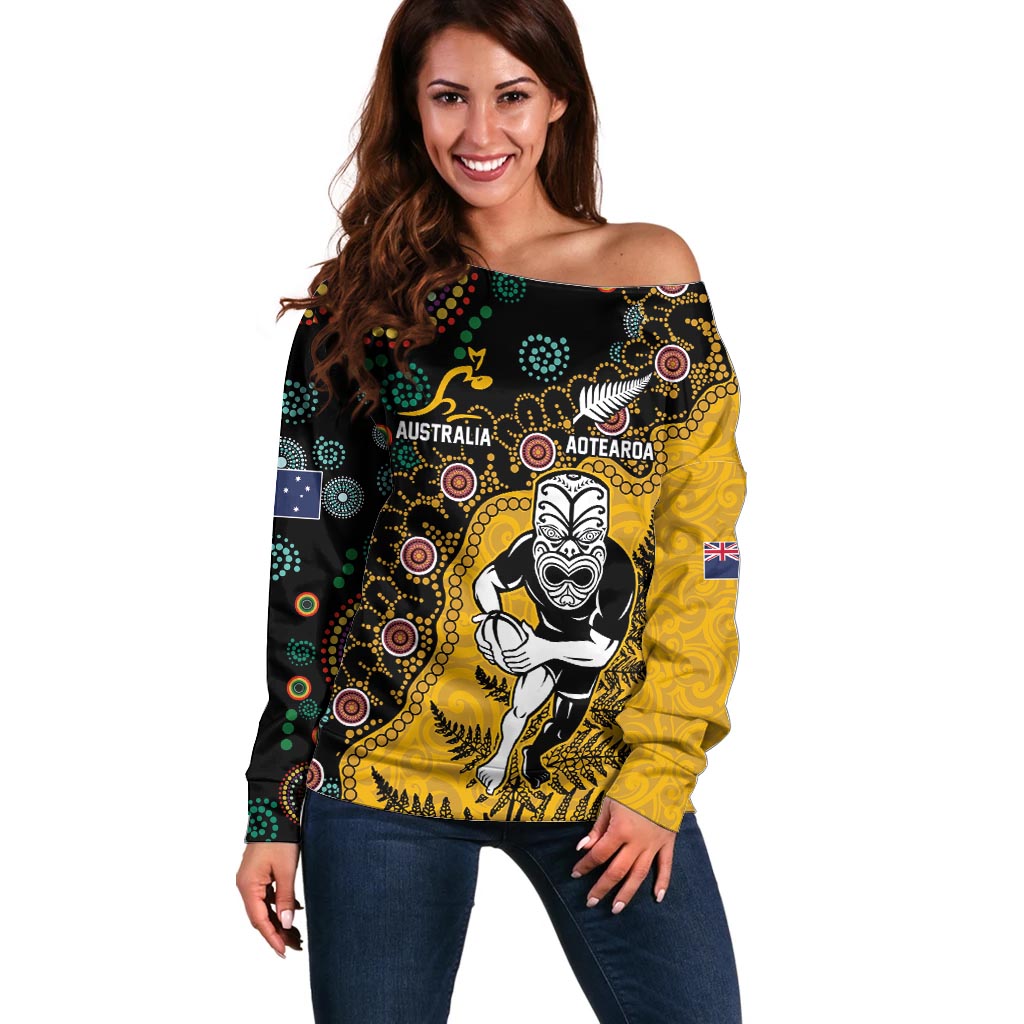 Custom New Zealand and Australia Rugby Off Shoulder Sweater Maori Warrior With Aboriginal Version LT03 Women Black - Polynesian Pride