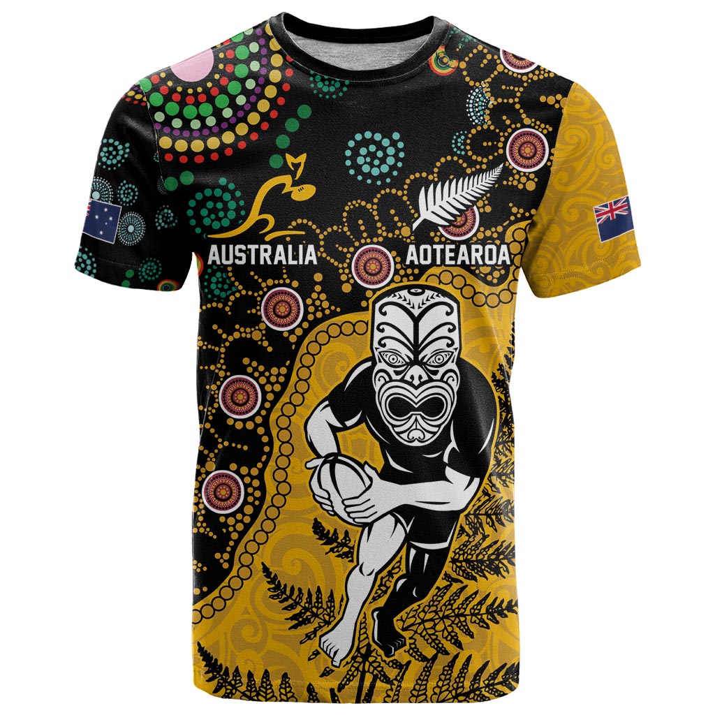 Custom New Zealand and Australia Rugby T Shirt Maori Warrior With Aboriginal Version LT03 Black - Polynesian Pride