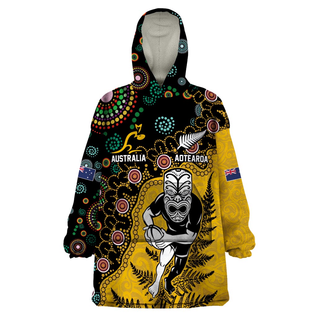 Custom New Zealand and Australia Rugby Wearable Blanket Hoodie Maori Warrior With Aboriginal Version LT03 One Size Black - Polynesian Pride
