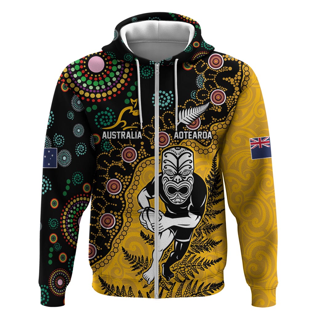 Custom New Zealand and Australia Rugby Zip Hoodie Maori Warrior With Aboriginal Version LT03 Zip Hoodie Black - Polynesian Pride