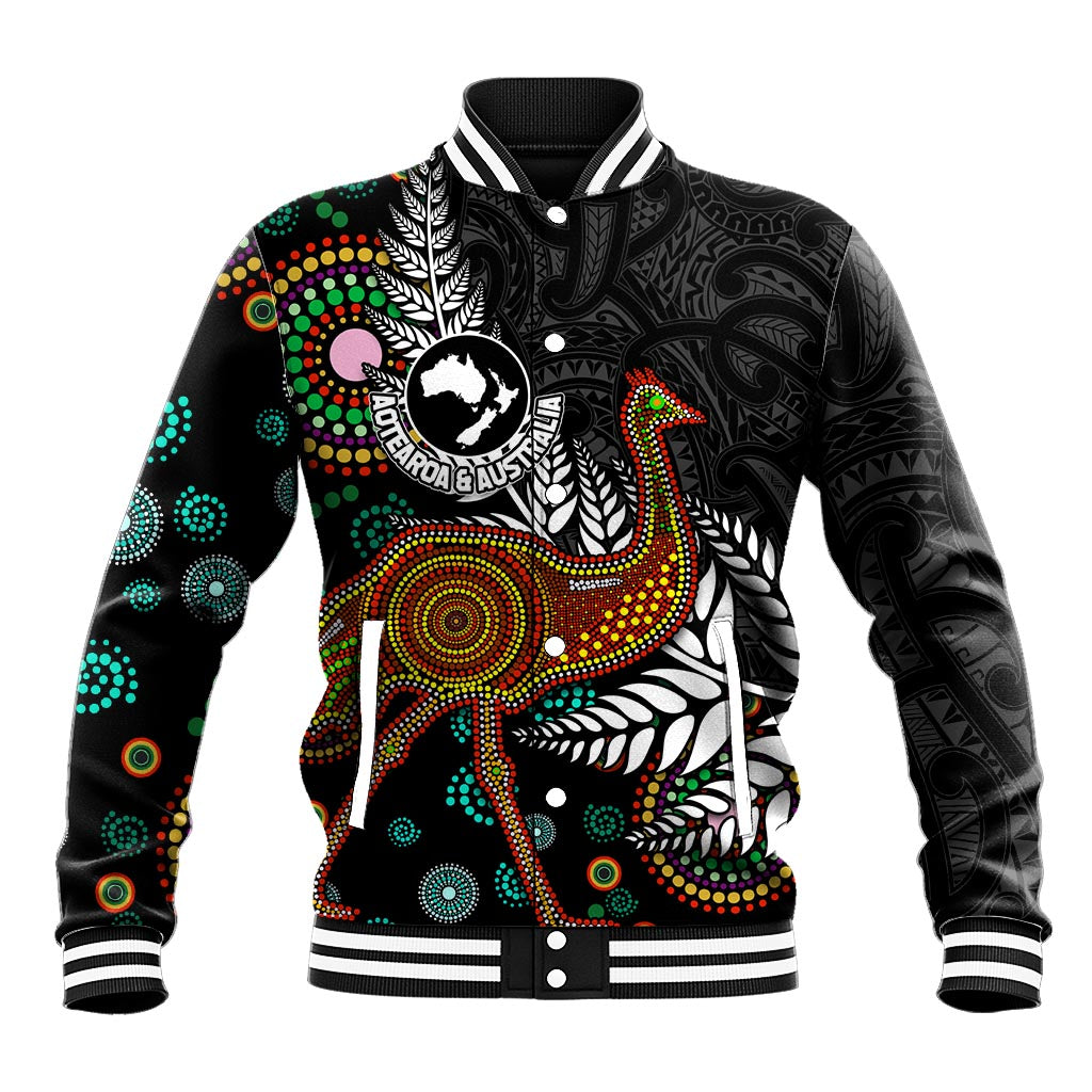 New Zealand Fern and Australia Emu Baseball Jacket Aboriginal Mix Maori Pattern LT03 Unisex Blue - Polynesian Pride