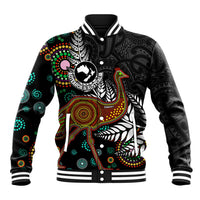New Zealand Fern and Australia Emu Baseball Jacket Aboriginal Mix Maori Pattern LT03 Unisex Blue - Polynesian Pride