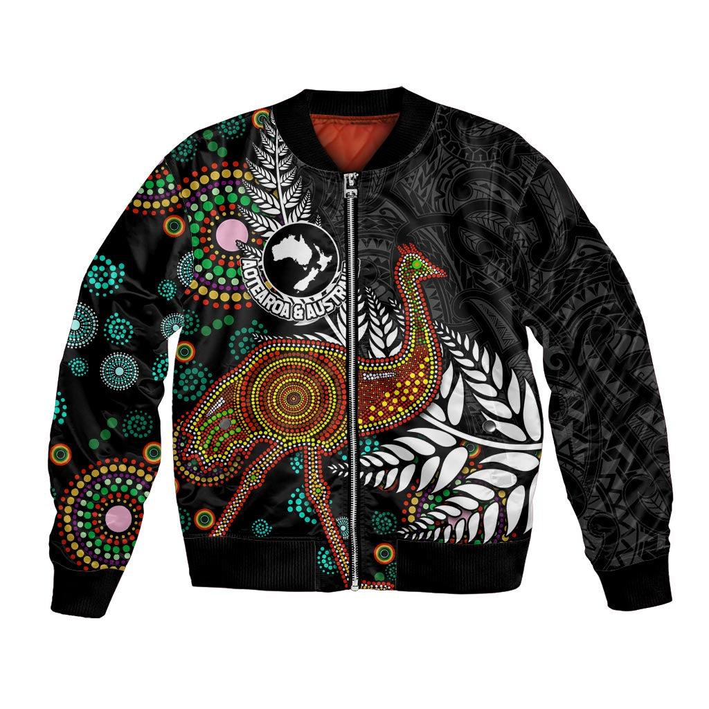 New Zealand Fern and Australia Emu Bomber Jacket Aboriginal Mix Maori Pattern LT03 Unisex Blue - Polynesian Pride