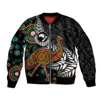 New Zealand Fern and Australia Emu Bomber Jacket Aboriginal Mix Maori Pattern LT03 Unisex Blue - Polynesian Pride