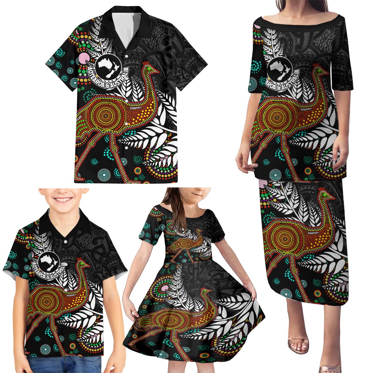 New Zealand Fern and Australia Emu Family Matching Puletasi and Hawaiian Shirt Aboriginal Mix Maori Pattern
