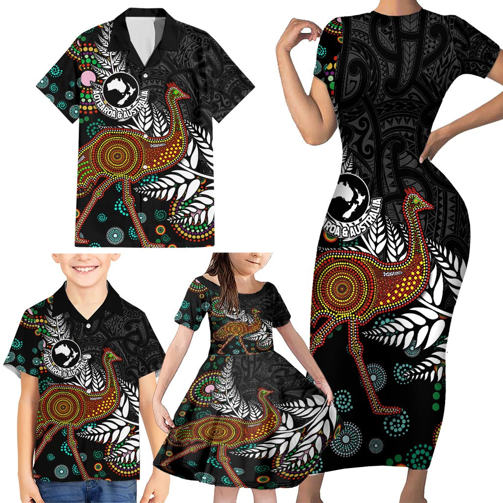 New Zealand Fern and Australia Emu Family Matching Short Sleeve Bodycon Dress and Hawaiian Shirt Aboriginal Mix Maori Pattern