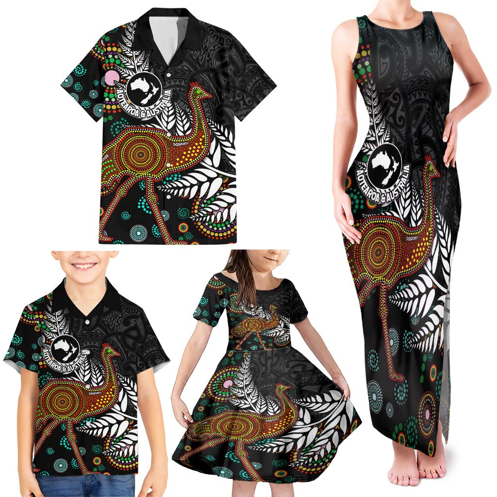 New Zealand Fern and Australia Emu Family Matching Tank Maxi Dress and Hawaiian Shirt Aboriginal Mix Maori Pattern
