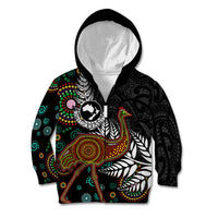 New Zealand Fern and Australia Emu Kid Hoodie Aboriginal Mix Maori Pattern LT03 Zip Hoodie Blue - Polynesian Pride