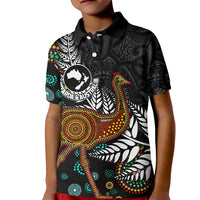 New Zealand Fern and Australia Emu Kid Polo Shirt Aboriginal Mix Maori Pattern LT03 Kid Blue - Polynesian Pride