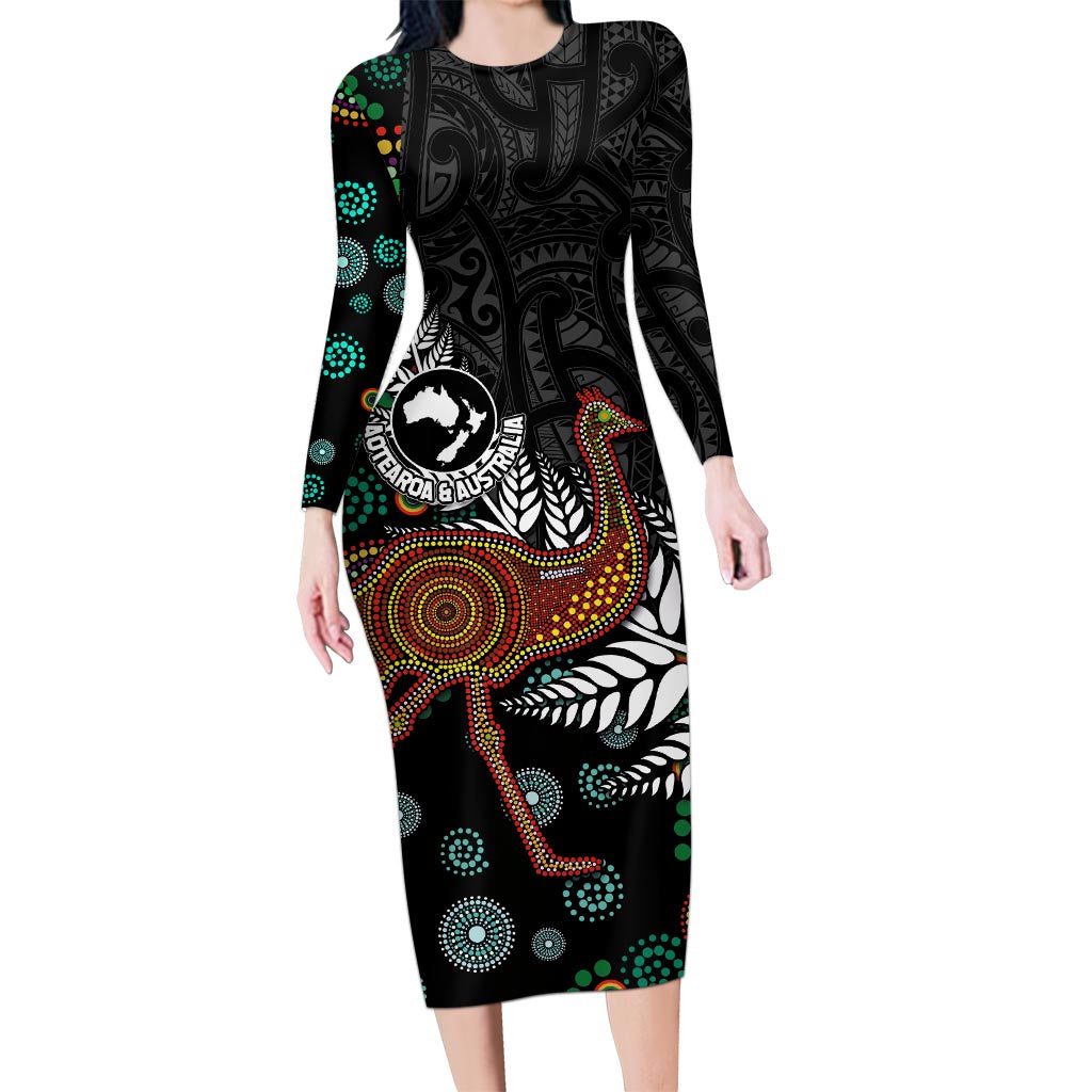New Zealand Fern and Australia Emu Long Sleeve Bodycon Dress Aboriginal Mix Maori Pattern LT03 Long Dress Blue - Polynesian Pride
