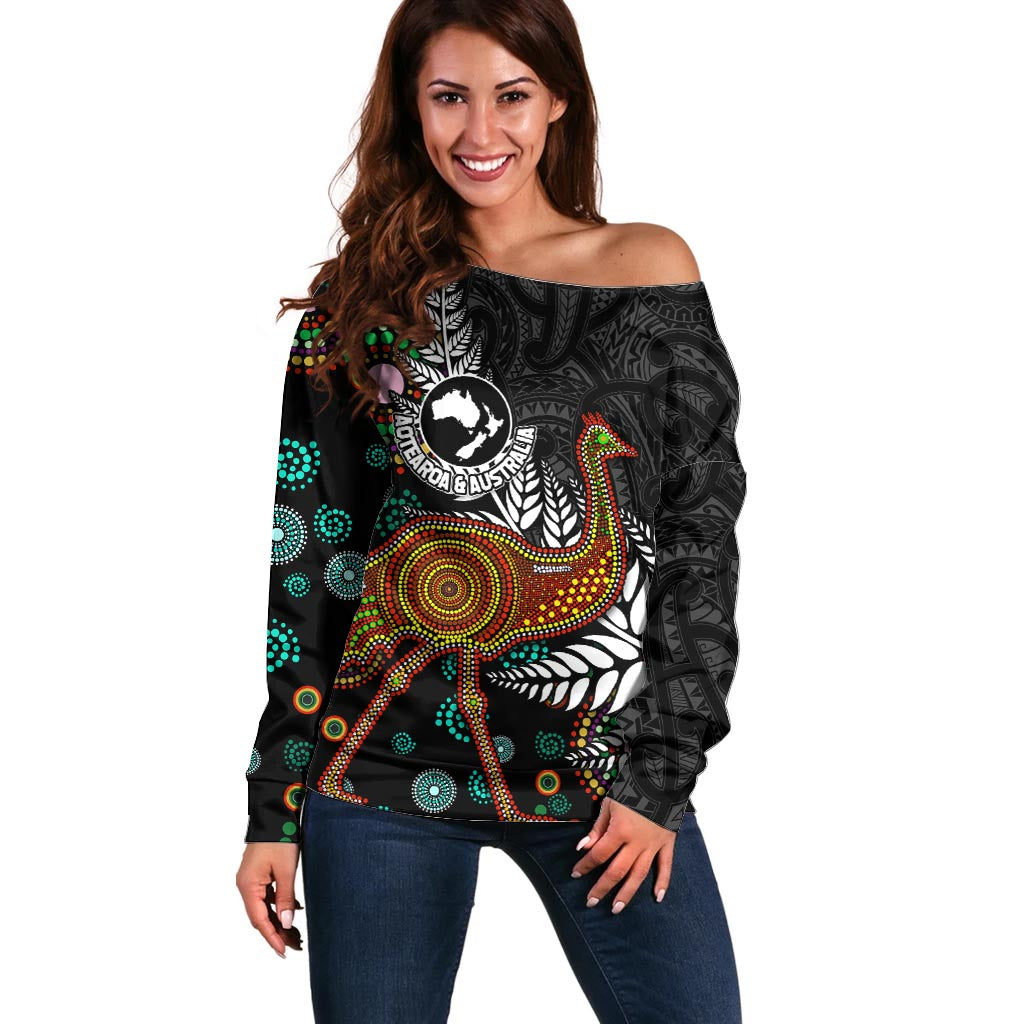 New Zealand Fern and Australia Emu Off Shoulder Sweater Aboriginal Mix Maori Pattern LT03 Women Blue - Polynesian Pride