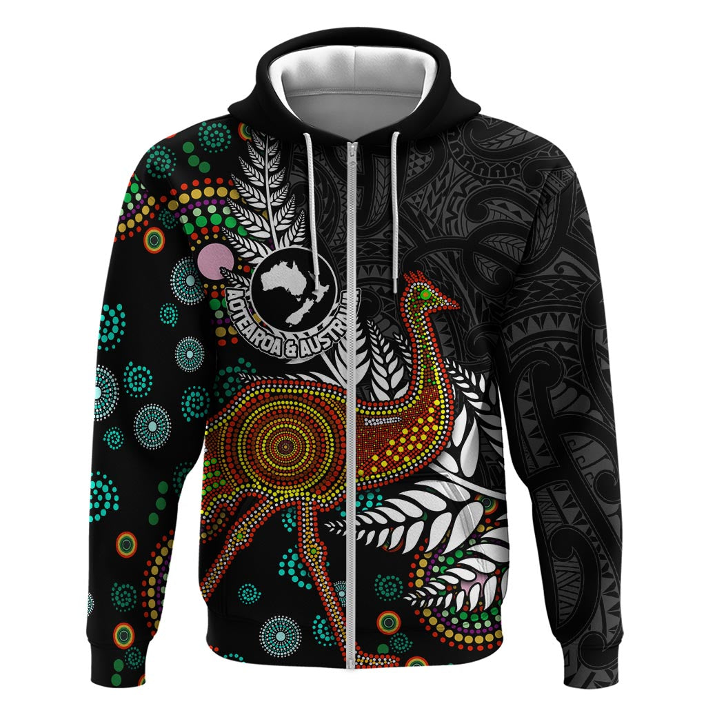 New Zealand Fern and Australia Emu Zip Hoodie Aboriginal Mix Maori Pattern LT03 Zip Hoodie Blue - Polynesian Pride