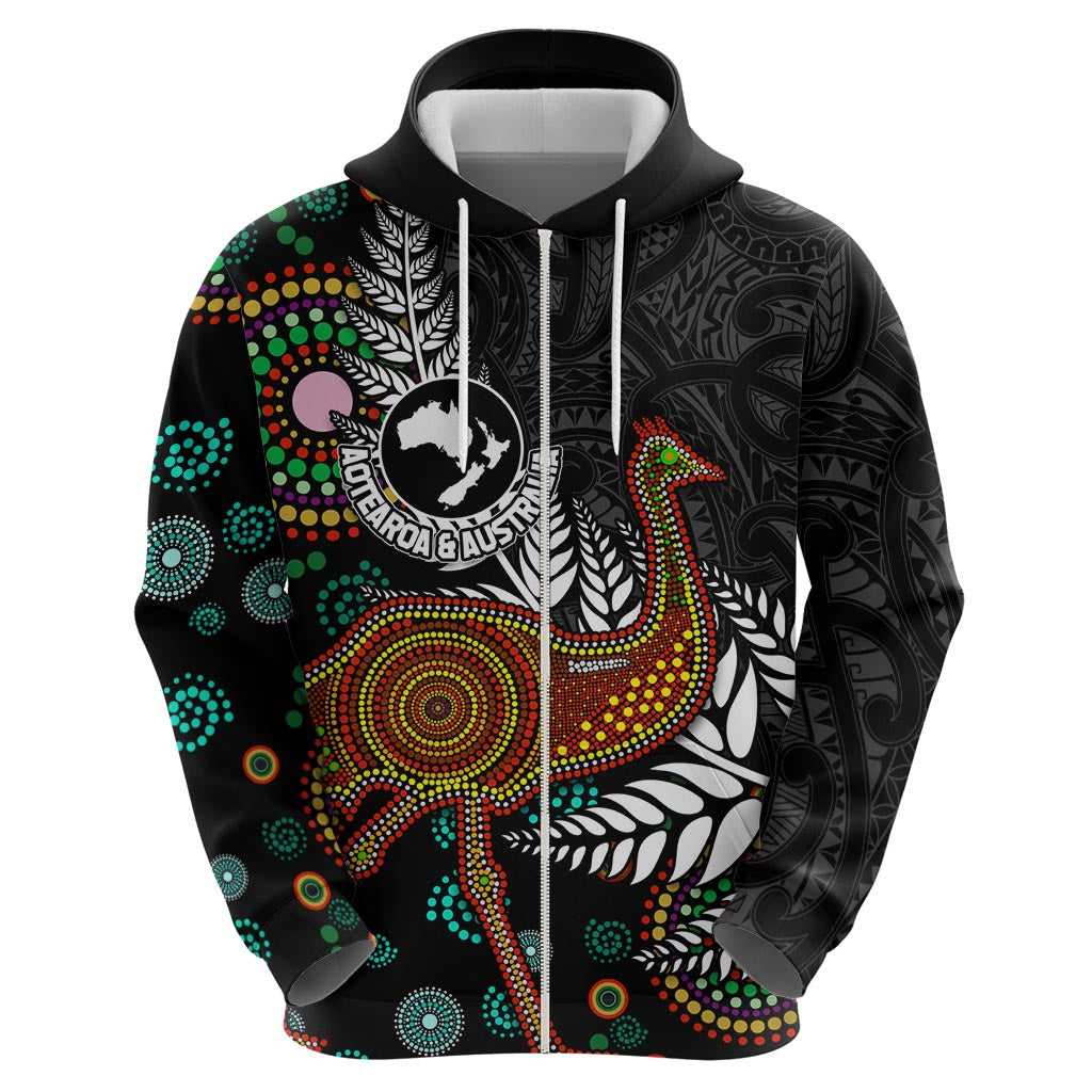 New Zealand Fern and Australia Emu Zip Hoodie Aboriginal Mix Maori Pattern LT03 - Polynesian Pride