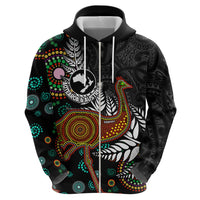 New Zealand Fern and Australia Emu Zip Hoodie Aboriginal Mix Maori Pattern LT03 - Polynesian Pride