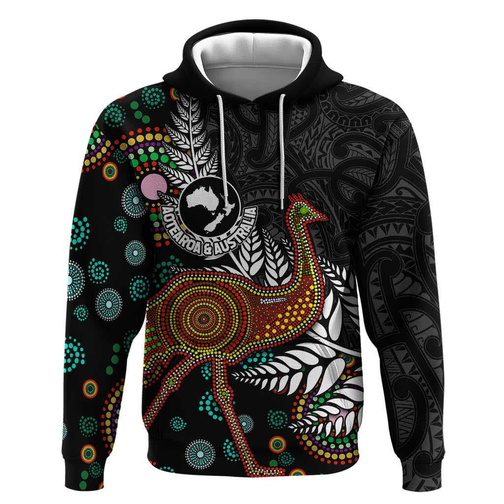 New Zealand Fern and Australia Emu Zip Hoodie Aboriginal Mix Maori Pattern LT03 Pullover Hoodie Blue - Polynesian Pride