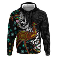 New Zealand Fern and Australia Emu Zip Hoodie Aboriginal Mix Maori Pattern LT03 Pullover Hoodie Blue - Polynesian Pride