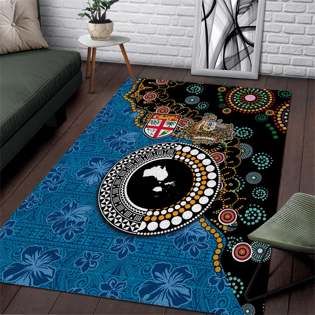Fiji Palm Tree and Australia Kangaroo Area Rug Aboriginal Mix Tapa Pattern LT03 Blue - Polynesian Pride