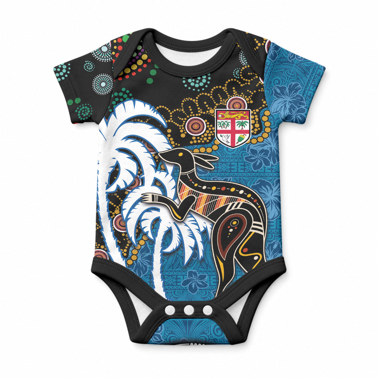 Fiji Palm Tree and Australia Kangaroo Baby Onesie Aboriginal Mix Tapa Pattern LT03 Blue - Polynesian Pride