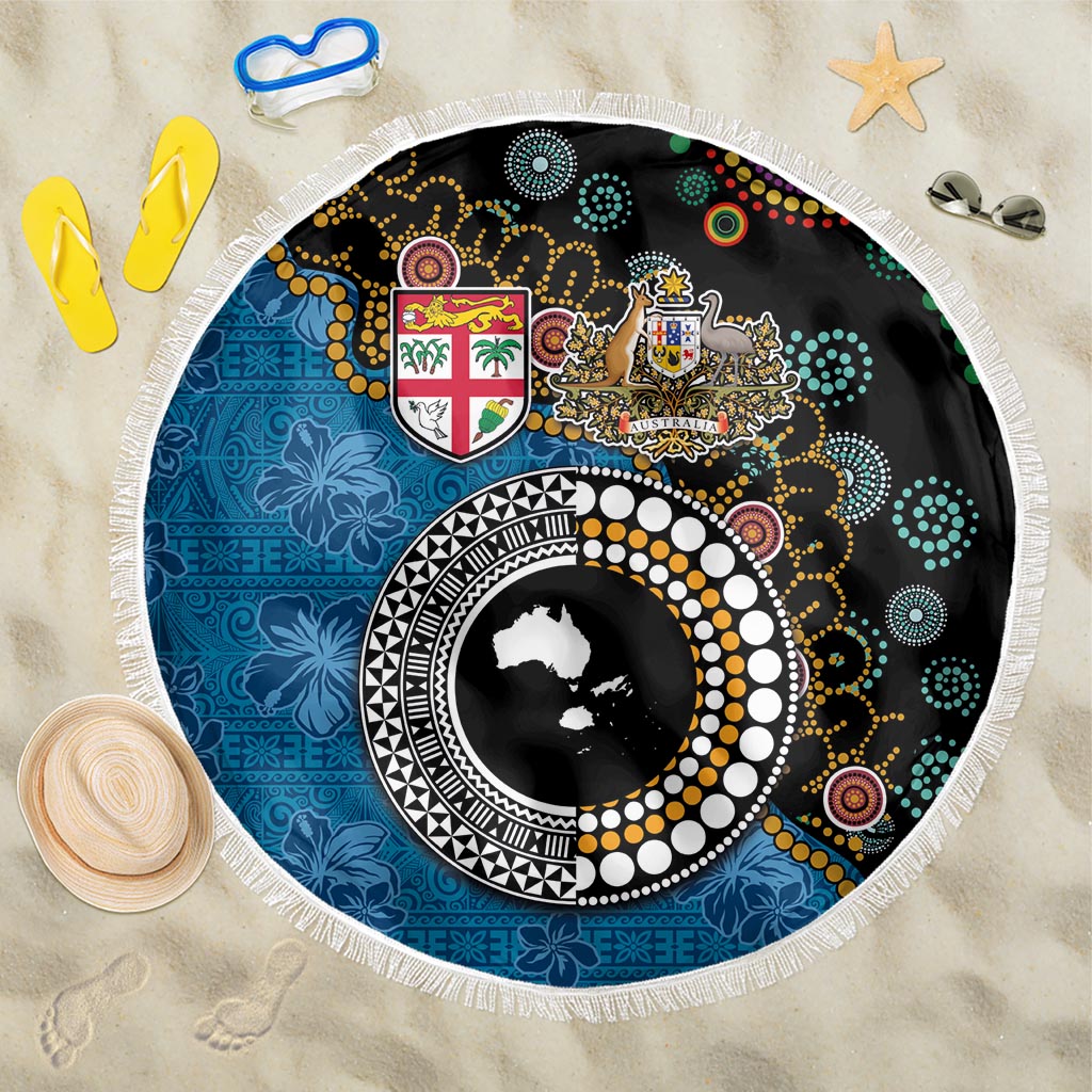 Fiji Palm Tree and Australia Kangaroo Beach Blanket Aboriginal Mix Tapa Pattern LT03 One Size 150cm Blue - Polynesian Pride