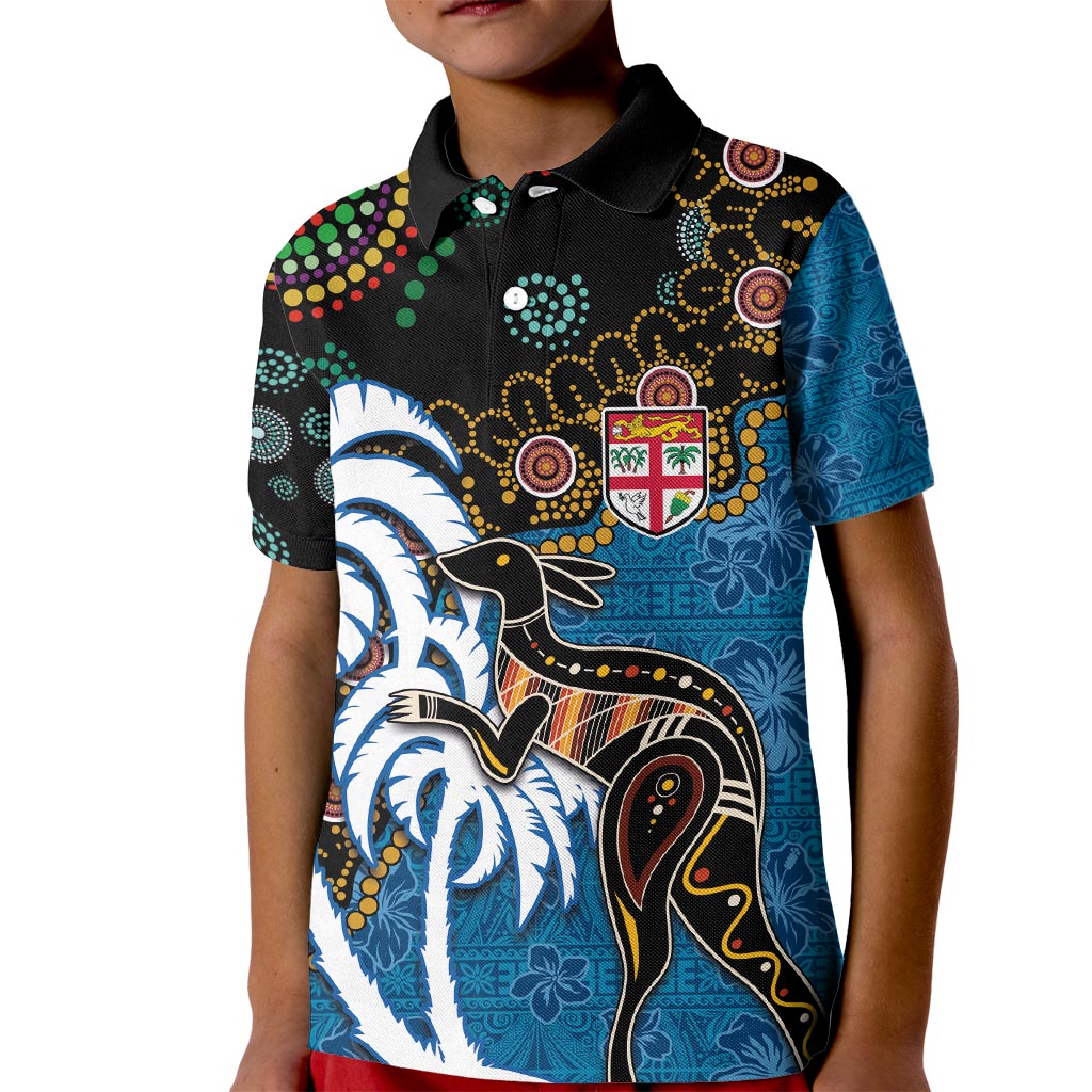 Fiji Palm Tree and Australia Kangaroo Kid Polo Shirt Aboriginal Mix Tapa Pattern LT03 Kid Blue - Polynesian Pride