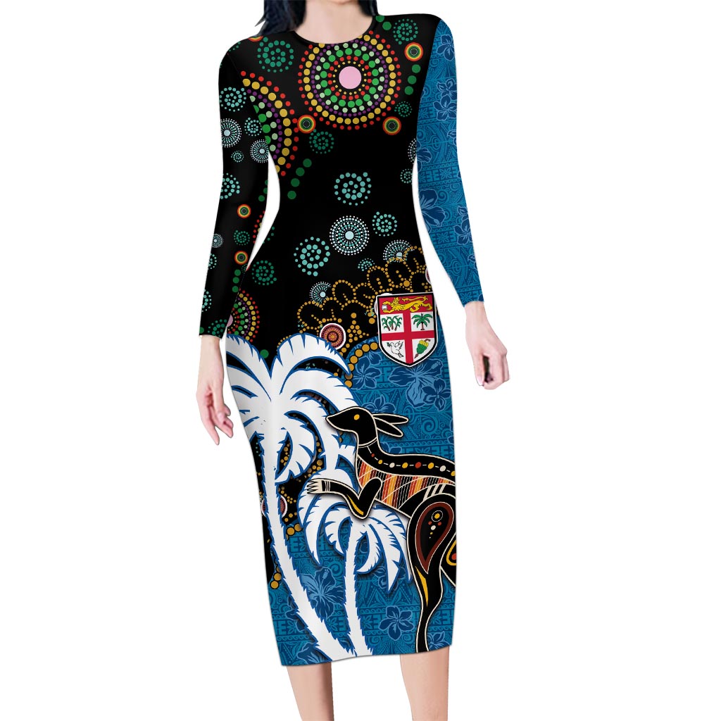 Fiji Palm Tree and Australia Kangaroo Long Sleeve Bodycon Dress Aboriginal Mix Tapa Pattern LT03 Long Dress Blue - Polynesian Pride