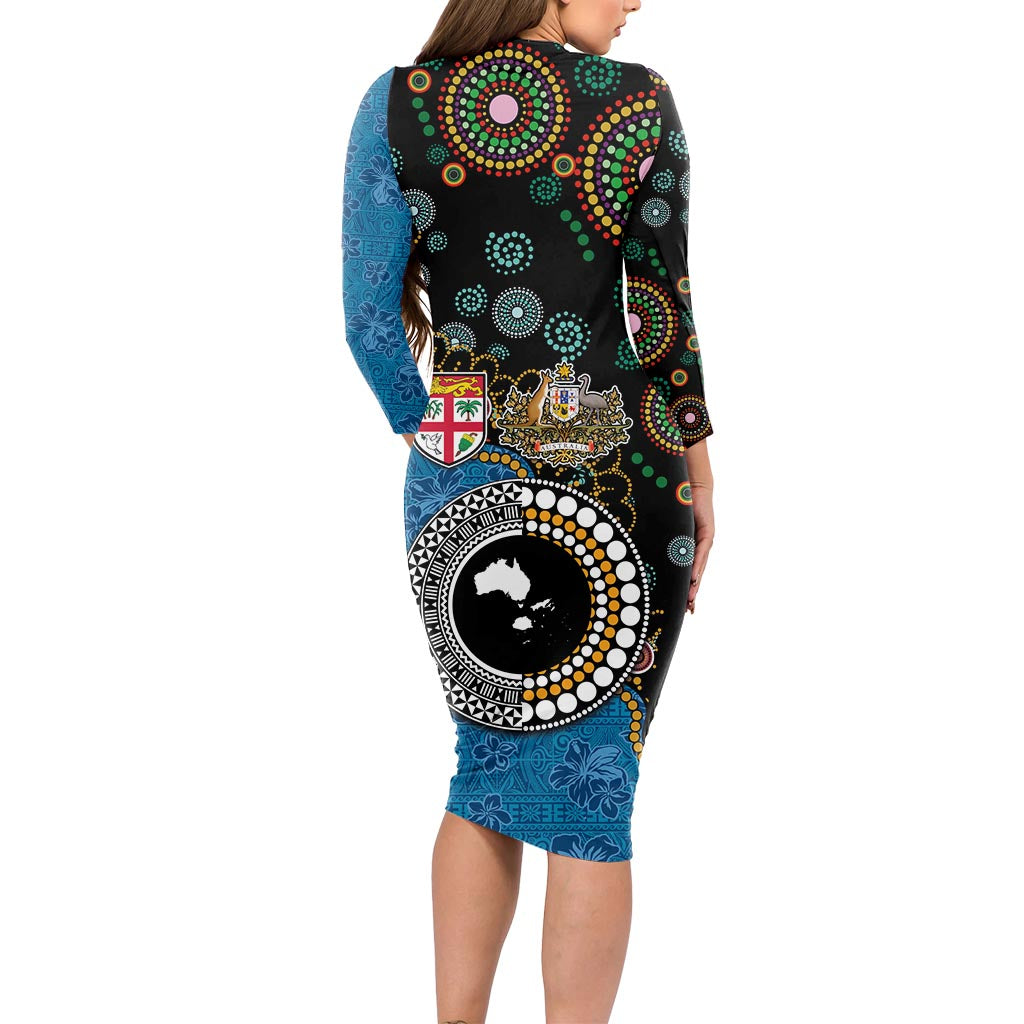 Fiji Palm Tree and Australia Kangaroo Long Sleeve Bodycon Dress Aboriginal Mix Tapa Pattern LT03 - Polynesian Pride