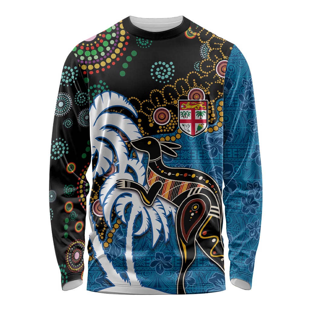 Fiji Palm Tree and Australia Kangaroo Long Sleeve Shirt Aboriginal Mix Tapa Pattern LT03 Unisex Blue - Polynesian Pride