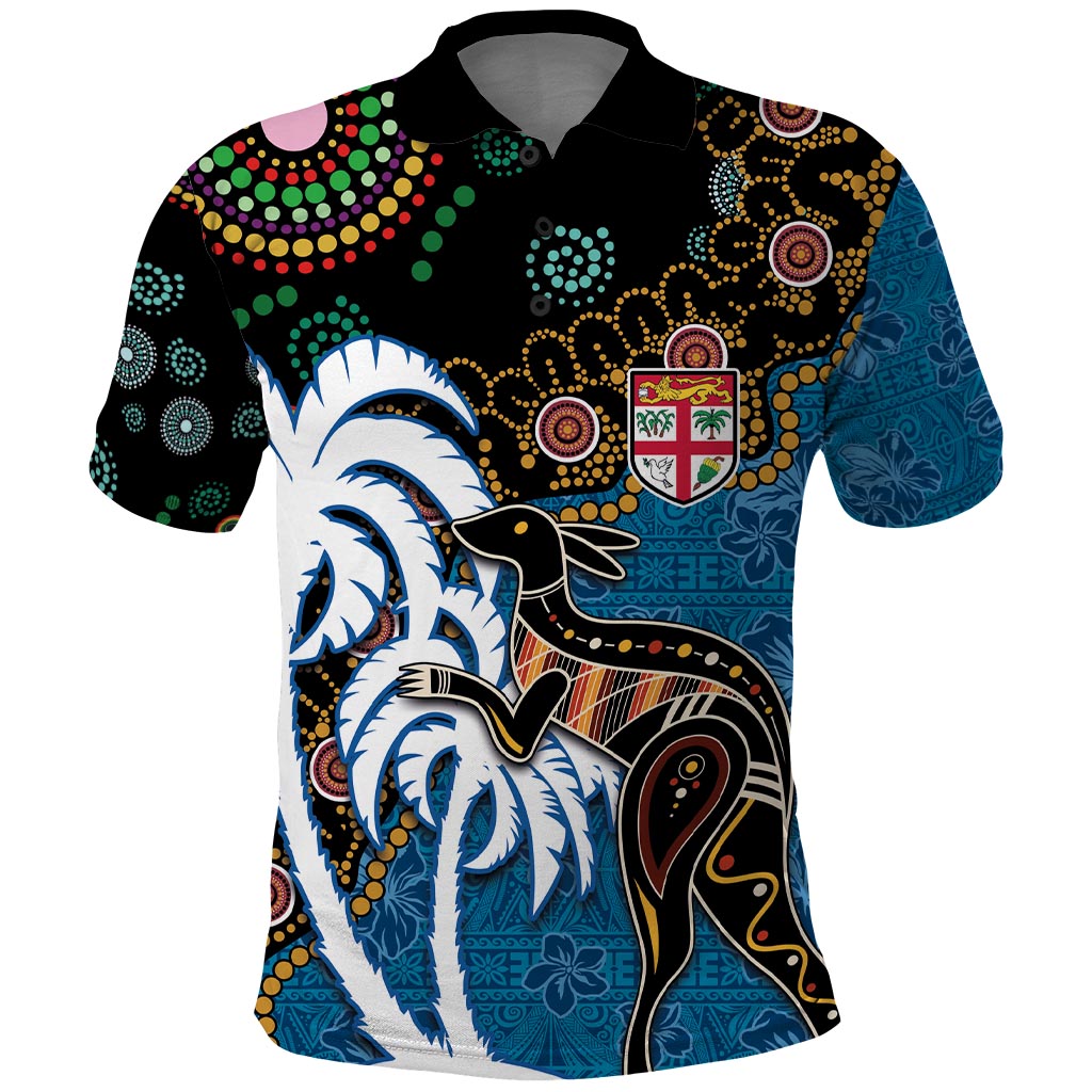 Fiji Palm Tree and Australia Kangaroo Polo Shirt Aboriginal Mix Tapa Pattern LT03 Blue - Polynesian Pride