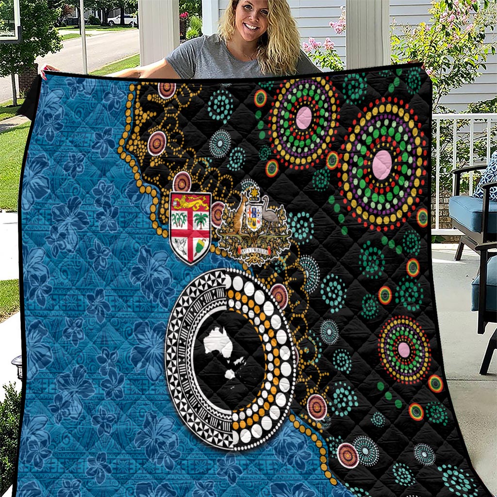 Fiji Palm Tree and Australia Kangaroo Quilt Aboriginal Mix Tapa Pattern LT03 Blue - Polynesian Pride