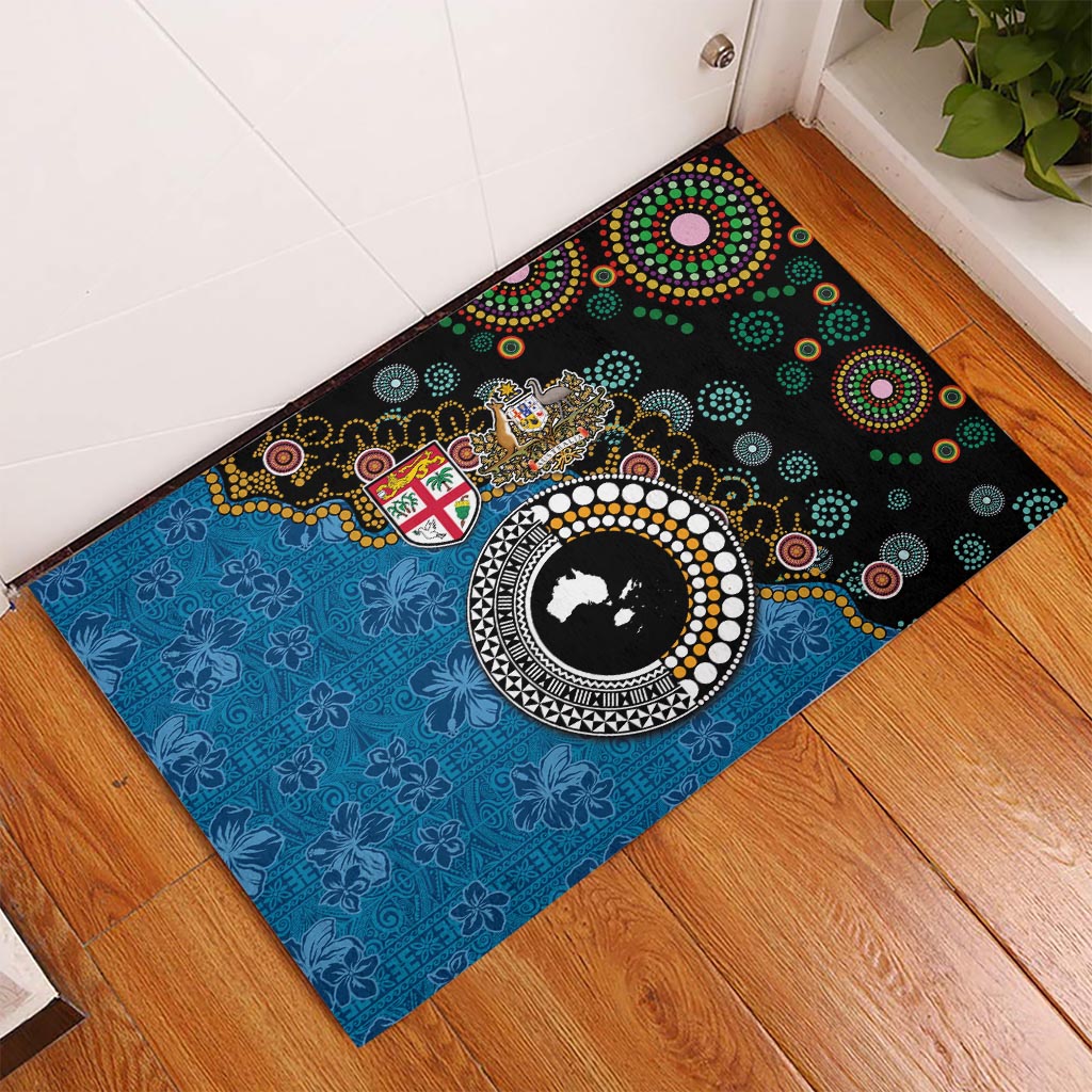 Fiji Palm Tree and Australia Kangaroo Rubber Doormat Aboriginal Mix Tapa Pattern LT03 Blue - Polynesian Pride