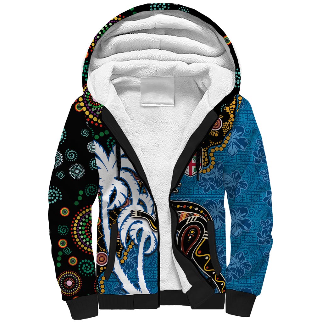 Fiji Palm Tree and Australia Kangaroo Sherpa Hoodie Aboriginal Mix Tapa Pattern LT03 Unisex Blue - Polynesian Pride