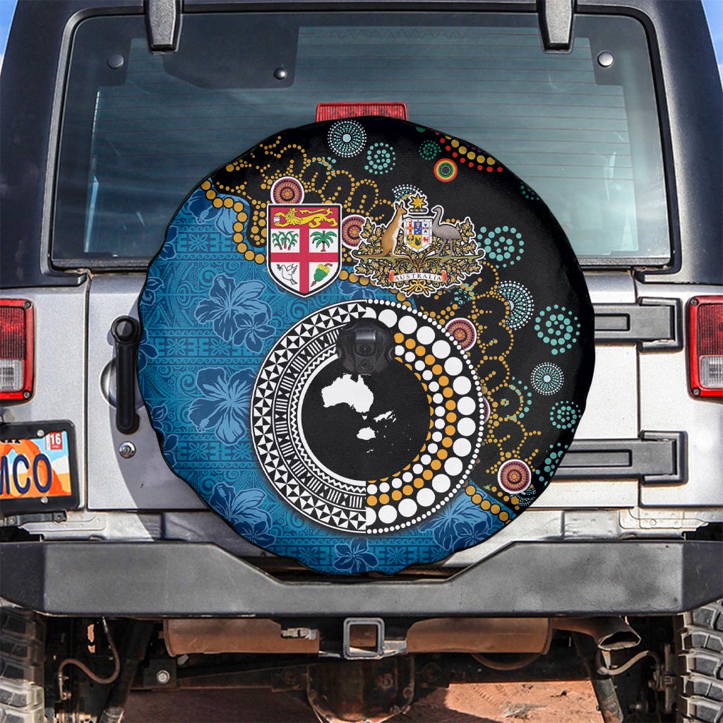 Fiji Palm Tree and Australia Kangaroo Spare Tire Cover Aboriginal Mix Tapa Pattern LT03 Blue - Polynesian Pride