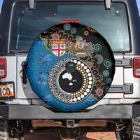 Fiji Palm Tree and Australia Kangaroo Spare Tire Cover Aboriginal Mix Tapa Pattern LT03 Blue - Polynesian Pride