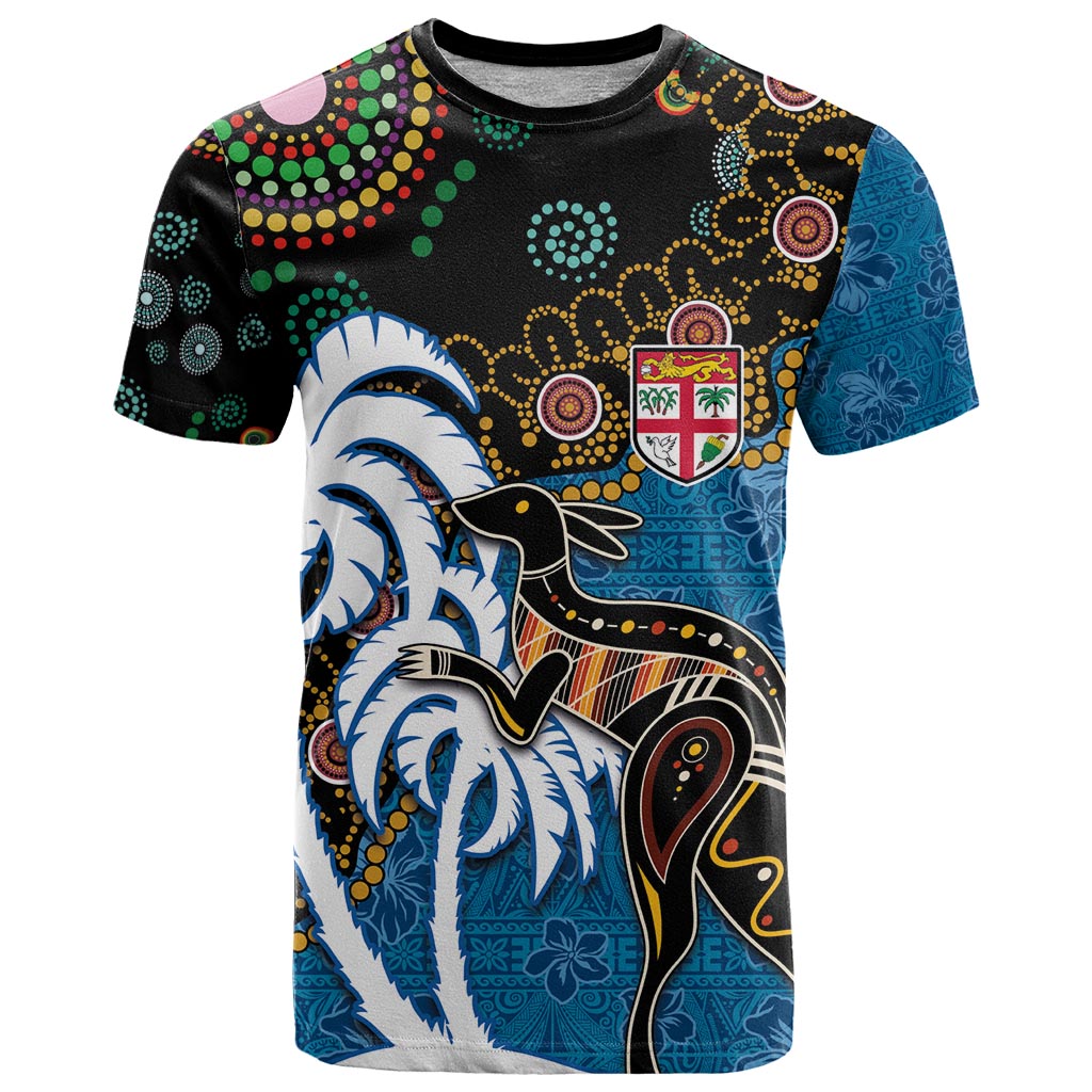 Fiji Palm Tree and Australia Kangaroo T Shirt Aboriginal Mix Tapa Pattern LT03 Blue - Polynesian Pride