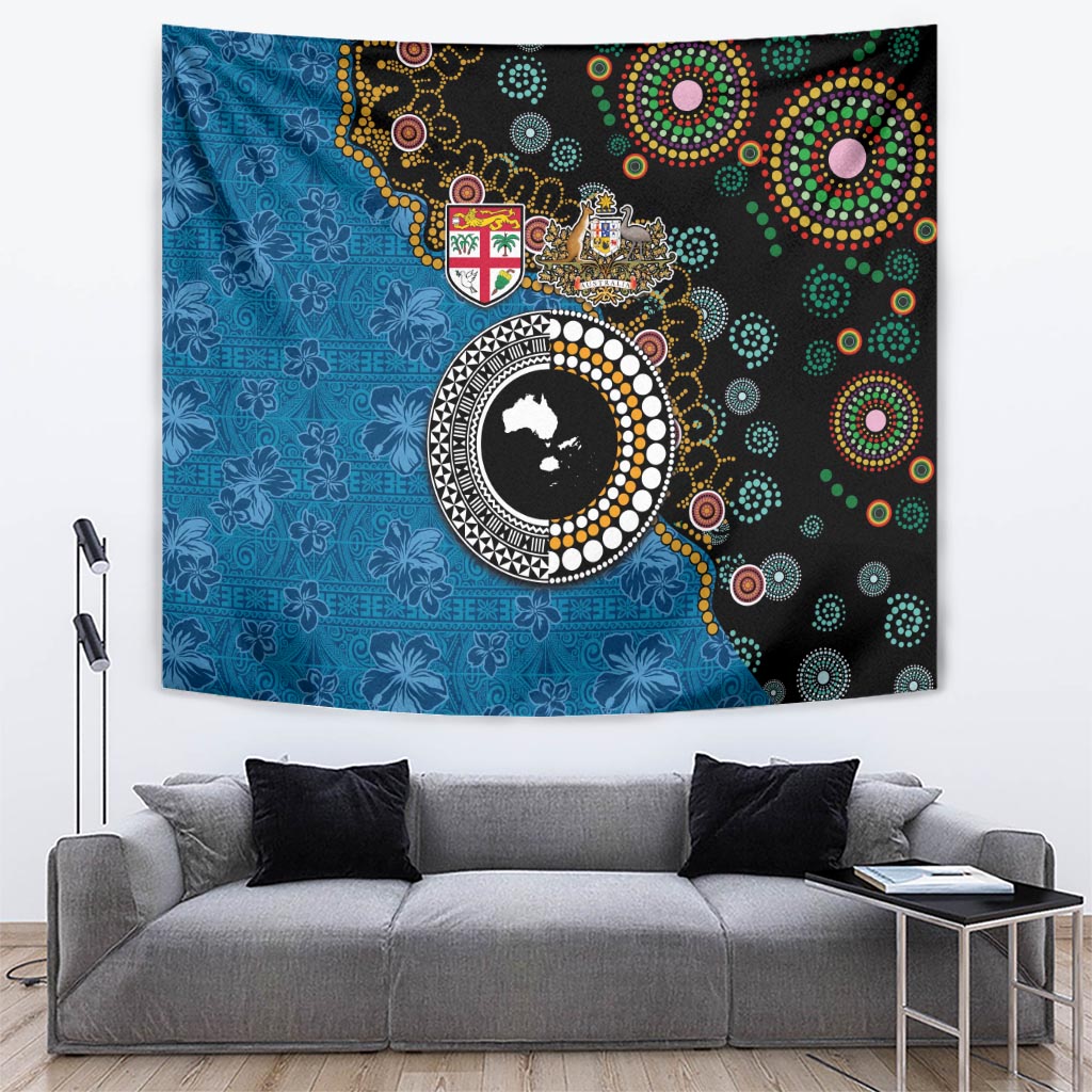 Fiji Palm Tree and Australia Kangaroo Tapestry Aboriginal Mix Tapa Pattern LT03 Blue - Polynesian Pride