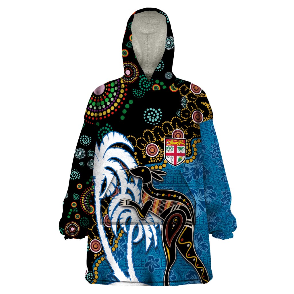 Fiji Palm Tree and Australia Kangaroo Wearable Blanket Hoodie Aboriginal Mix Tapa Pattern LT03 One Size Blue - Polynesian Pride