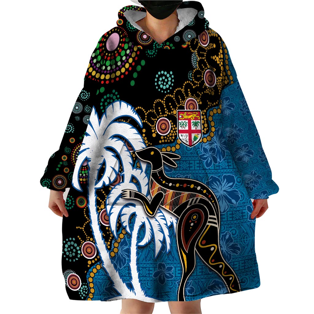 Fiji Palm Tree and Australia Kangaroo Wearable Blanket Hoodie Aboriginal Mix Tapa Pattern LT03 - Polynesian Pride